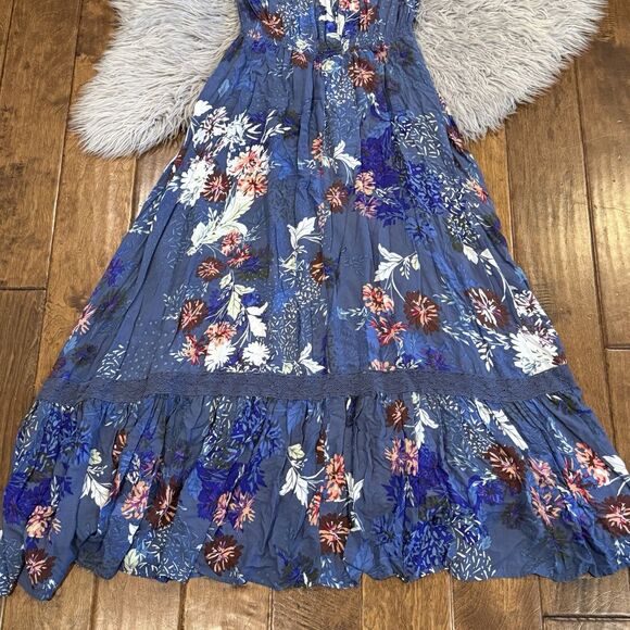 JAASE Maxi Dress Smocked Waist Blue Floral Size Large BOHO Cottage Core Button - Picture 8 of 8